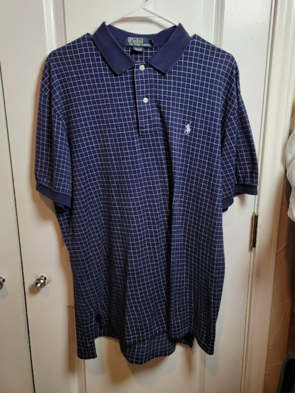 Polo Ralph Lauren Men's Large Navy Blue Windowpane Check Polo Shirt 100% Cotton